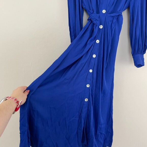 Farm Rio Cobalt Blue Knotted Waist Long Sleeve Midi Dress Size Medium - Picture 5 of 8
